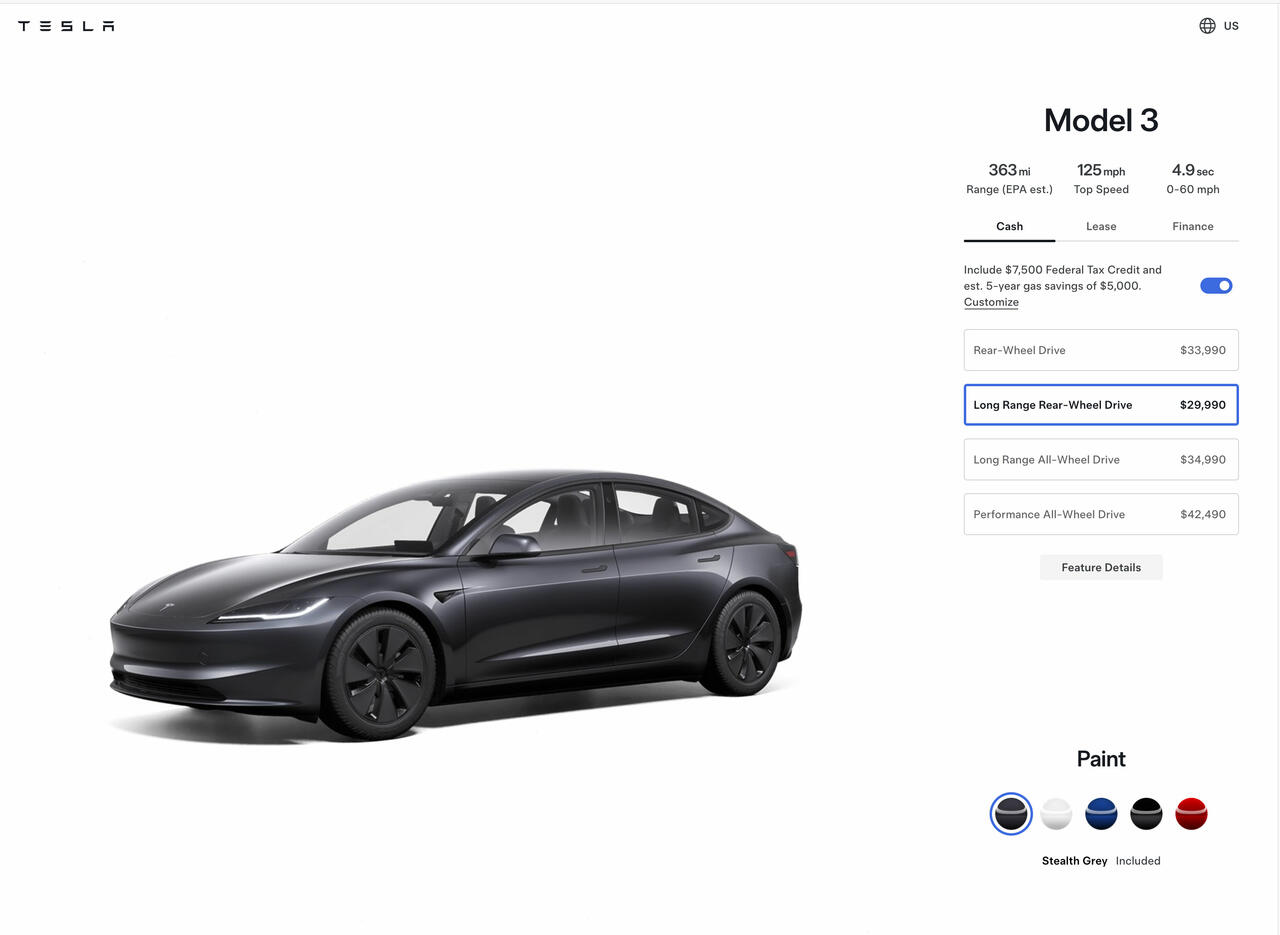 Tesla Model 3 Long Range RWD mit Heckantrieb  Bild © Tesla