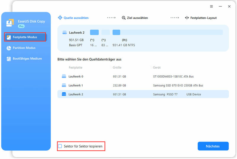 SSD als Quellplatte wählen