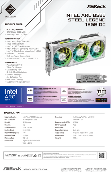 Intel Arc B580 Steel Legend 12gb OC Intel Arc B580 Steel Legend 12gb OC