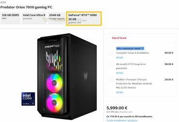 Acer Predator Orion 7000 PCs mit GeForce RTX 5090 und RTX 5080 zu Wucher-Preisen bei Otto gelistet