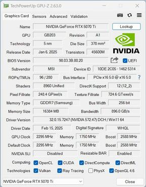MSI RTX 5070 Ti Vanguard GPUz