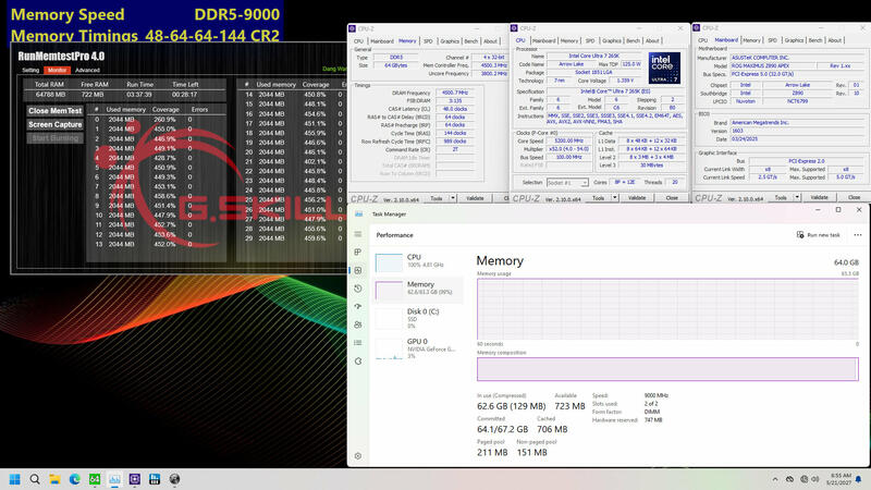 DDR5 9000 C48 2x32gb Z890 ASUS Apex Memtest