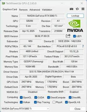 MSI GeForce RTX 5060 Ti Gaming OC GPUz