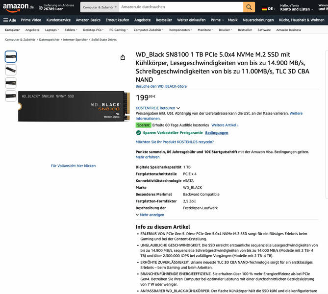 WD Black SN8100 SSD auf Amazon gelistet WD Black SN8100 SSD auf Amazon gelistet