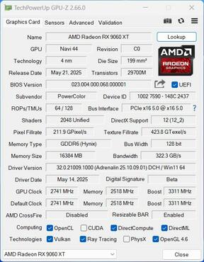 PowerColor RX 9060 XT Hellhound GPUz
