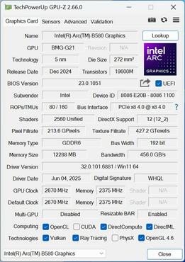 Intel Arc B580 GPUz