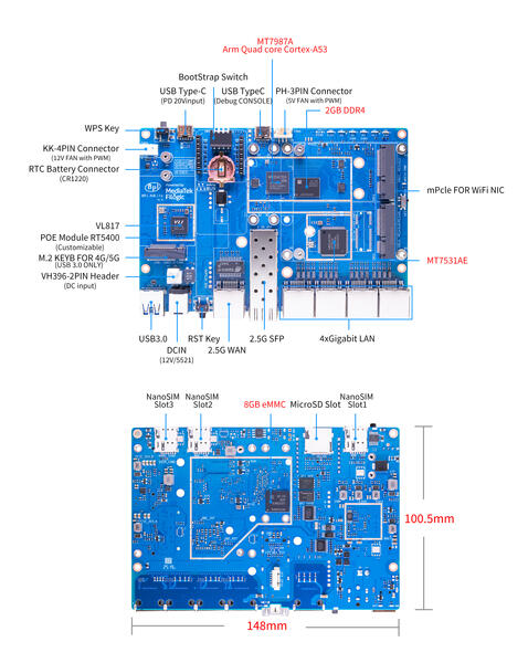 Banana Pi BPI R4 Lite Übersicht des PCBs Banana Pi BPI R4 Lite Übersicht des PCBs