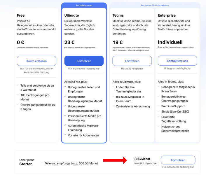 WeTransfer Preise und Pakete WeTransfer Preise und Pakete