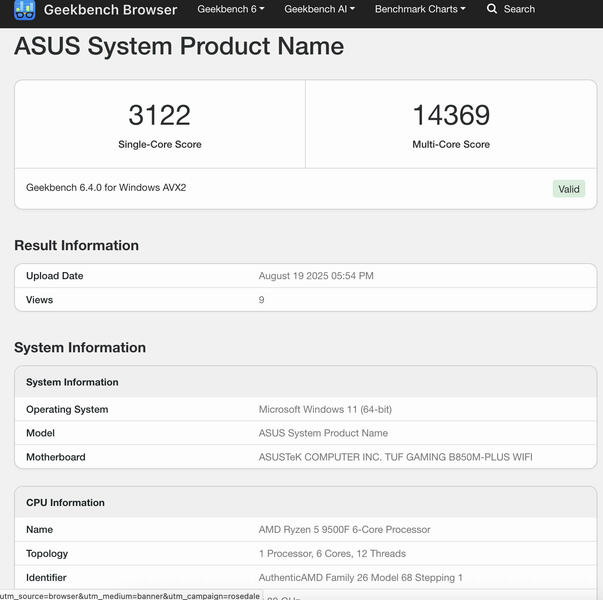 AMD Ryzen 5 9500F Geekbench AMD Ryzen 5 9500F Geekbench
