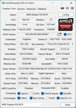 Sapphire Radeon RX 9070 Pulse GPUz