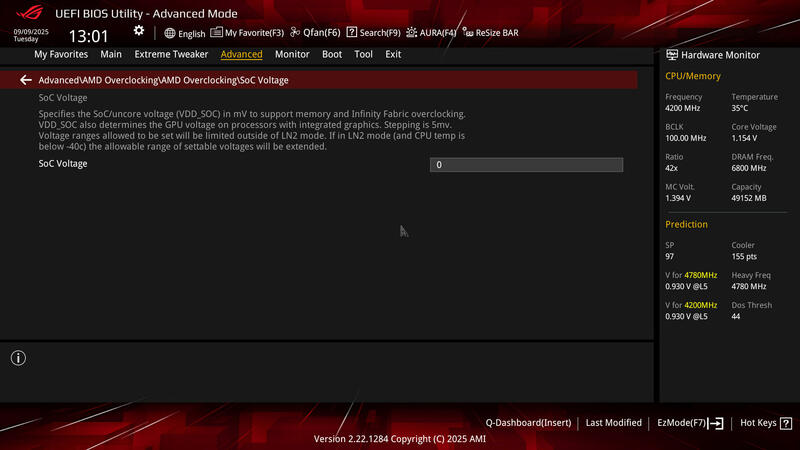 ASUS ROG Crosshair X870E HERO BIOS Advanced AMD OC SoC