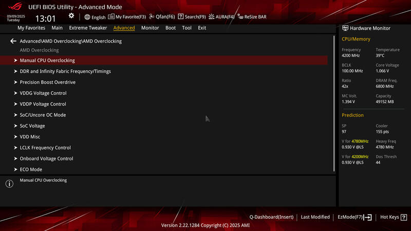 ASUS ROG Crosshair X870E HERO BIOS Advanced OC Menu
