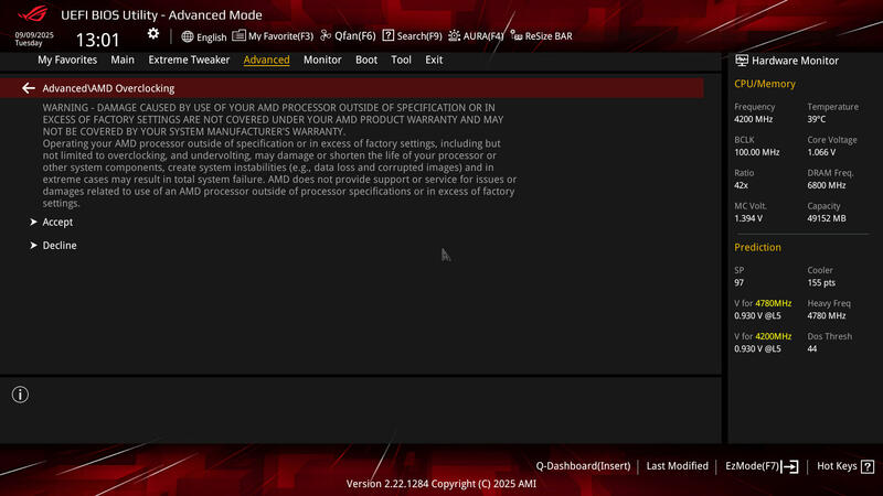ASUS ROG Crosshair X870E HERO BIOS Advanced AMD OC Disclaimer