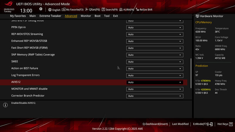 ASUS ROG Crosshair X870E HERO BIOS Advanced CPU Features