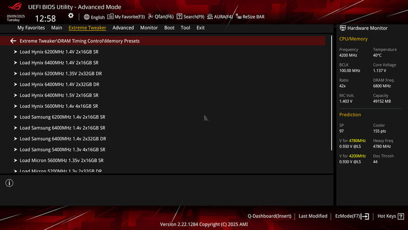 ASUS ROG Crosshair X870E HERO BIOS Extreme Tweaker DDR Timing Control Profil