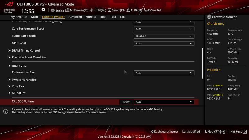 ASUS ROG Crosshair X870E HERO BIOS Extreme Tweaker Übersicht