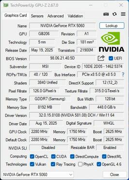 MSI RTX 5060 8G Gaming OC 8GB GPUz