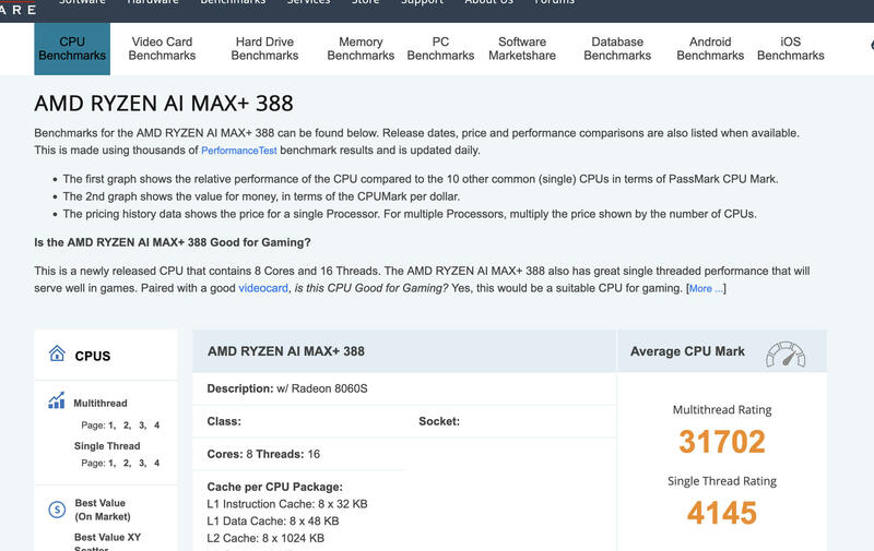 AMD RYZEN AI MAX+ 388 Passmark