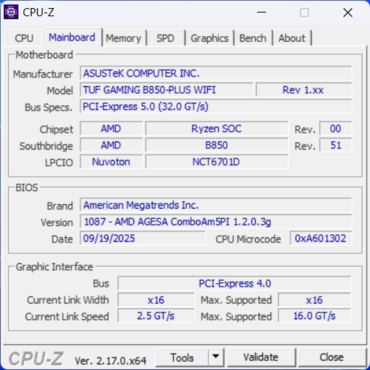 ASUS TUF Gaming B850 Plus WIFI CPUz