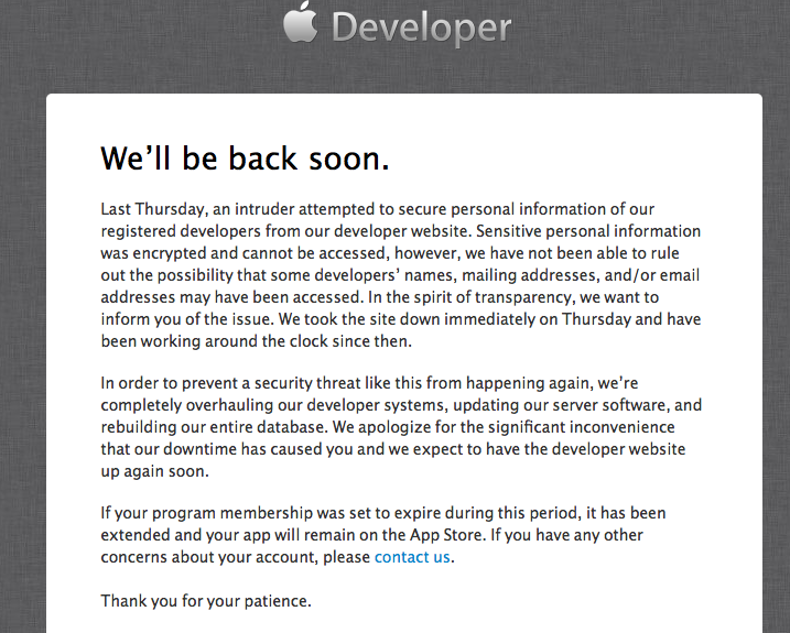 Apple Entwicklerseiten offline