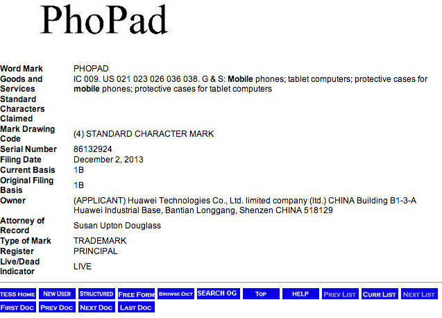 Huawei PhoPad  Bild © USPTO: http://www.ubergizmo.com/2013/12/huawei-phopad-trademark-filed/?utm_source=mainrss