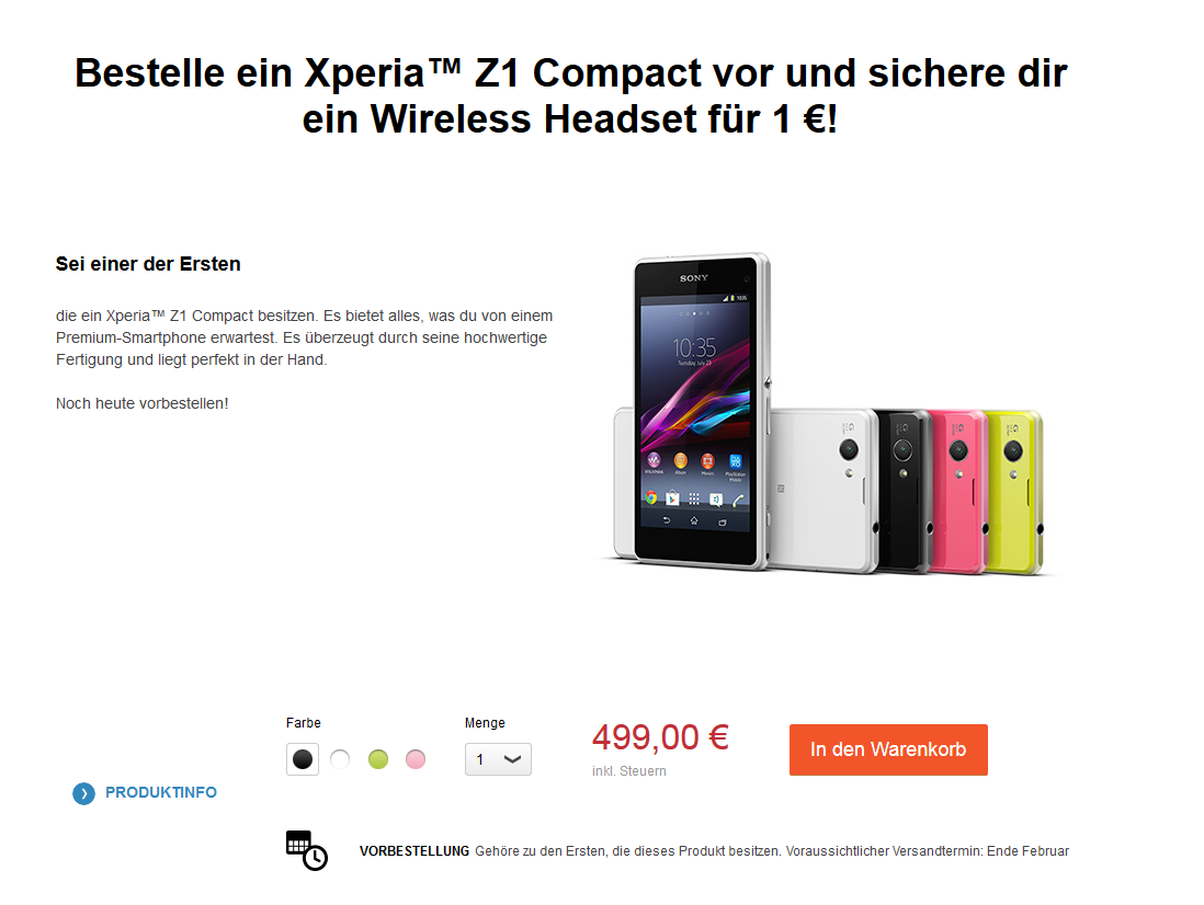 Sony Xperia Z1 Compact-Vorbestellung