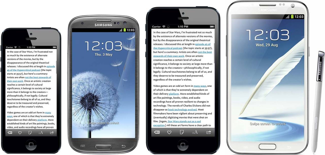 iPhone 5, Galaxy S III, iPhone Plus mockup, Galaxy Note II; Quelle: Marco Arment  Bild © Marco Arment